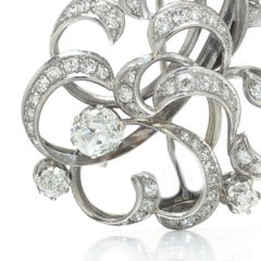 Retro Diamond Scroll Brooch, 14KT White Gold, Old Mine Cut Centre