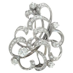 Retro Diamond Scroll Brooch, 14KT White Gold, Old Mine Cut Centre