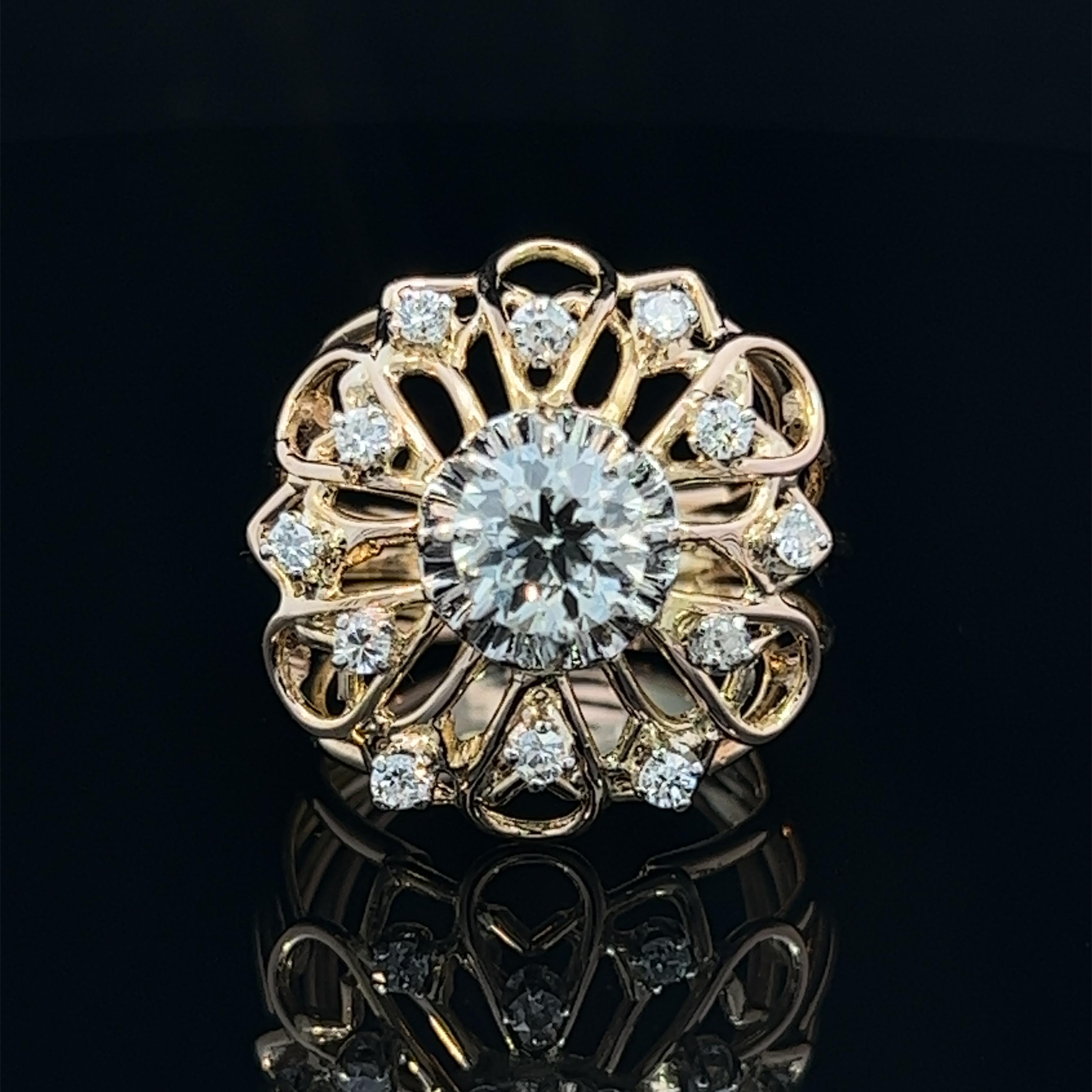 Round Cut Retro Diamond Set Flower Ring Circa 1940s For Sale