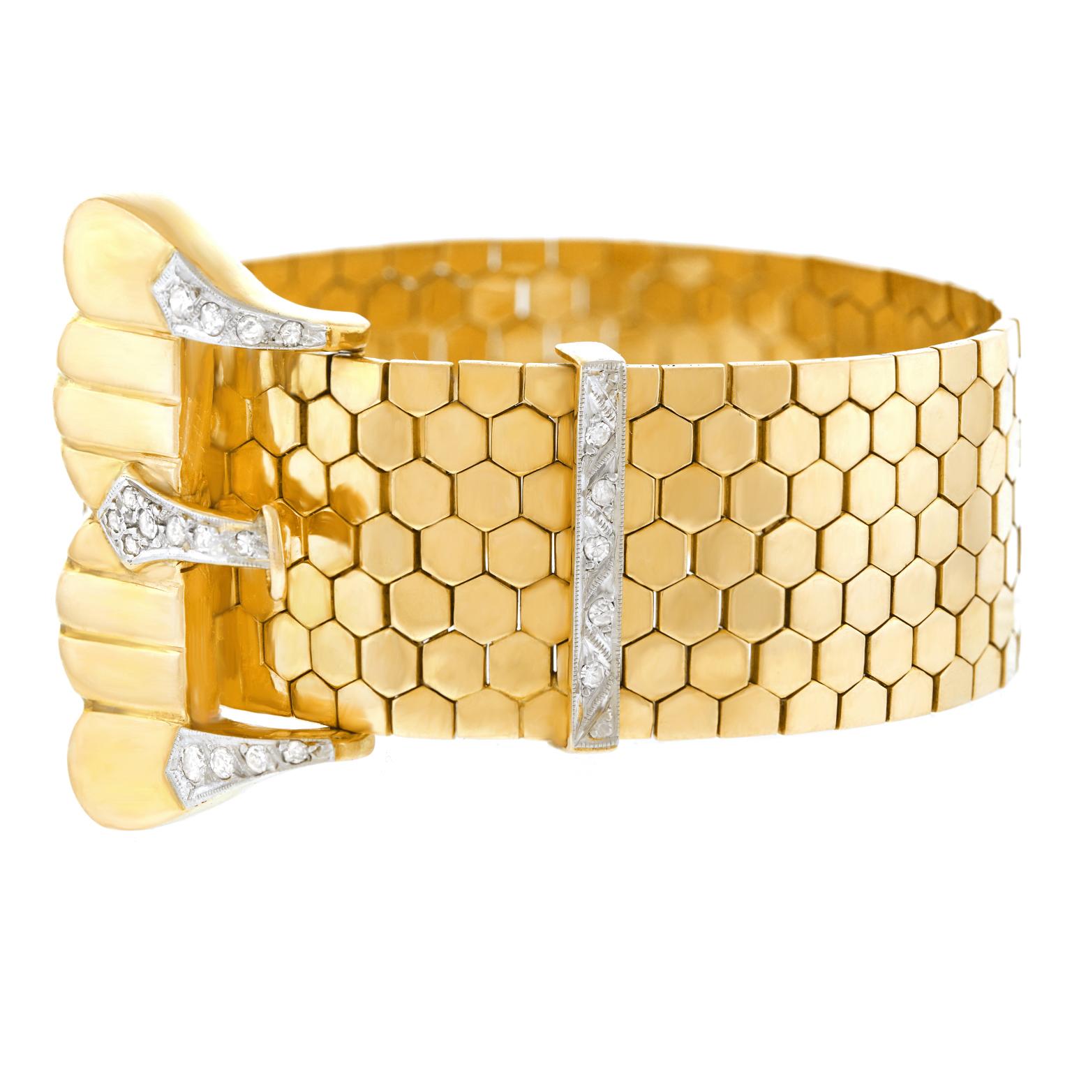 Retro Diamond Set Gold Buckle Bracelet In Excellent Condition In Litchfield, CT