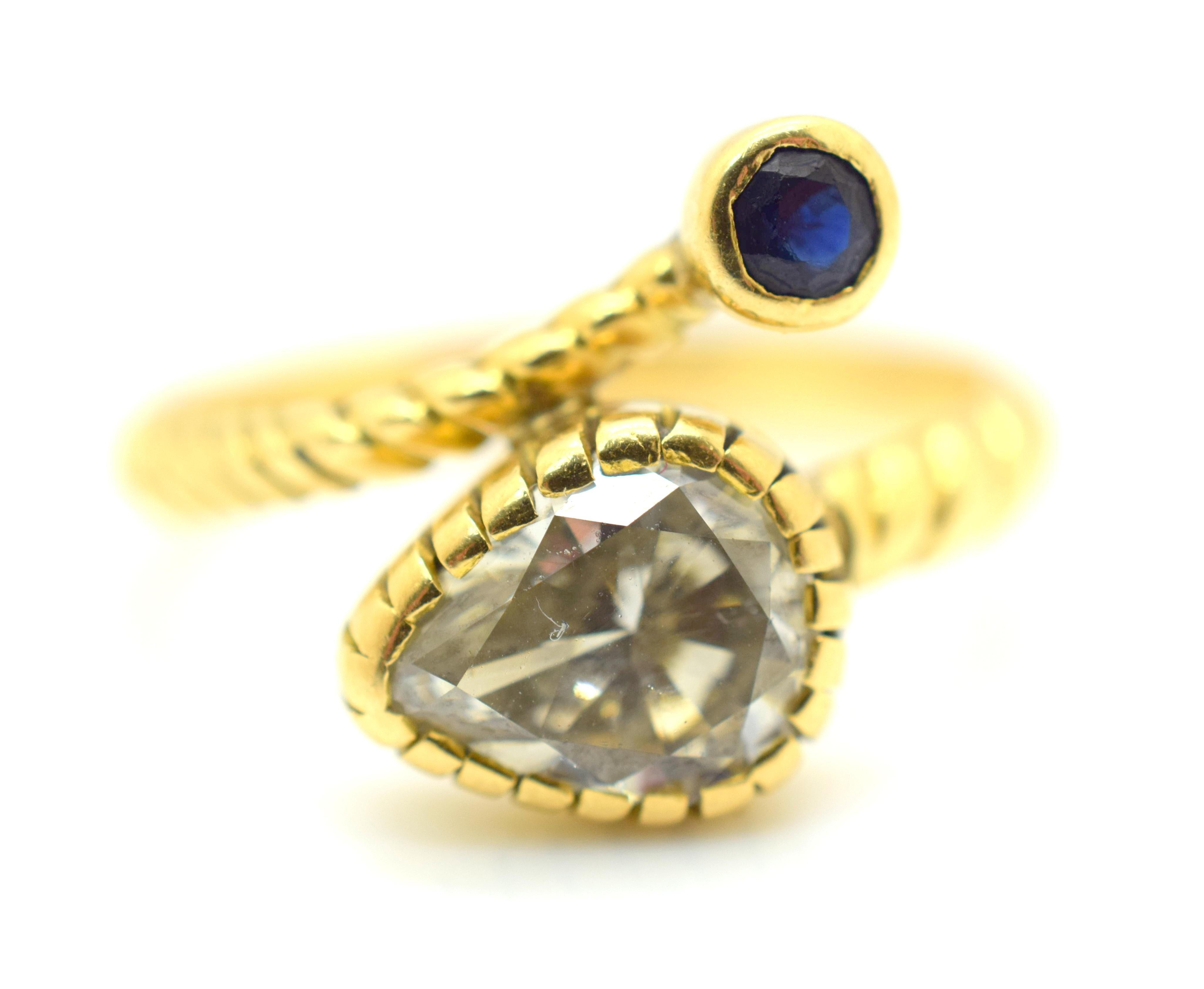 Retro Diamond Snake Ring 18 Karat Yellow Gold Sapphire Crossover 1.50 Carat In Good Condition In MIAMI, FL