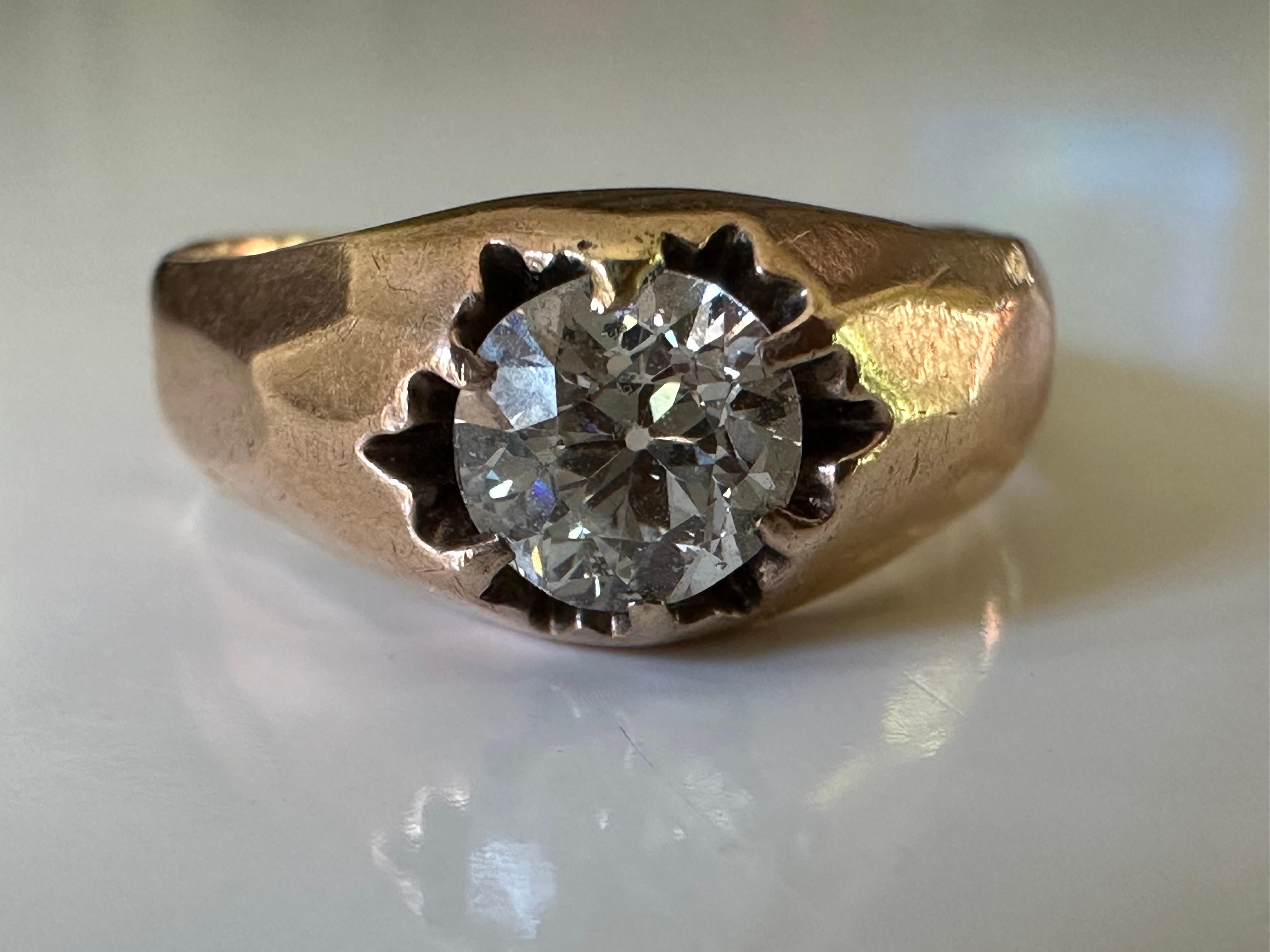 Retro Diamond Solitaire and Rose Gold Belcher Ring  For Sale 1