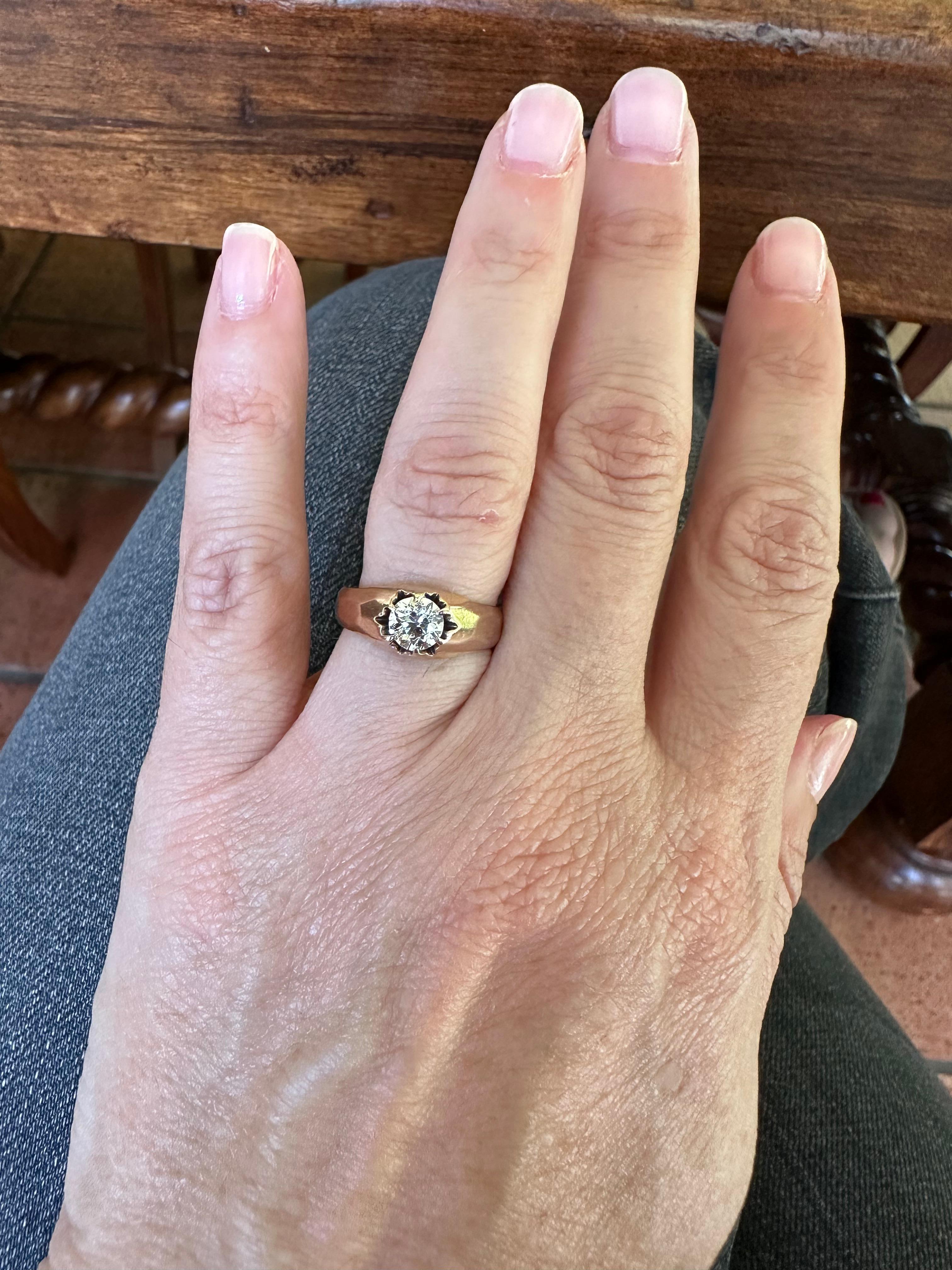 Retro Diamond Solitaire and Rose Gold Belcher Ring For Sale 3