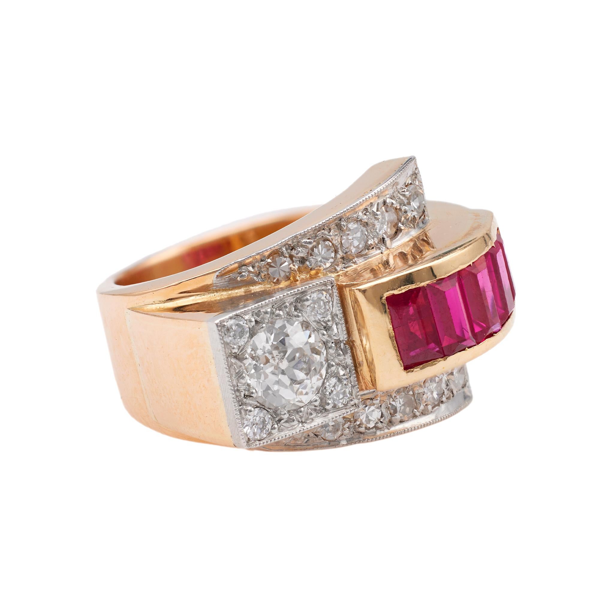 Women's or Men's Retro Diamond Synthetic Ruby 18k Yellow Gold Platinum Tank Ring For Sale
