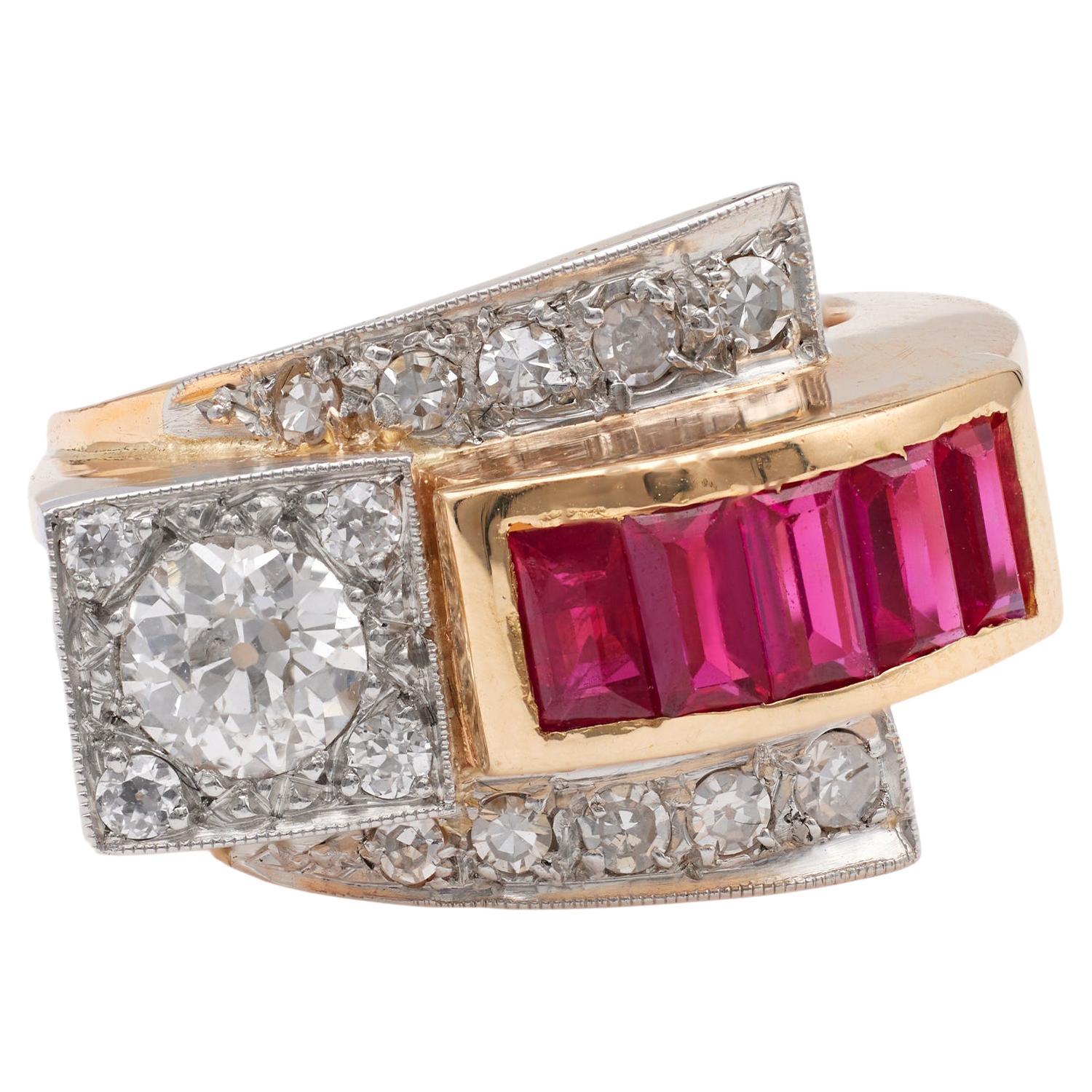 Retro Diamond Synthetic Ruby 18k Yellow Gold Platinum Tank Ring For Sale