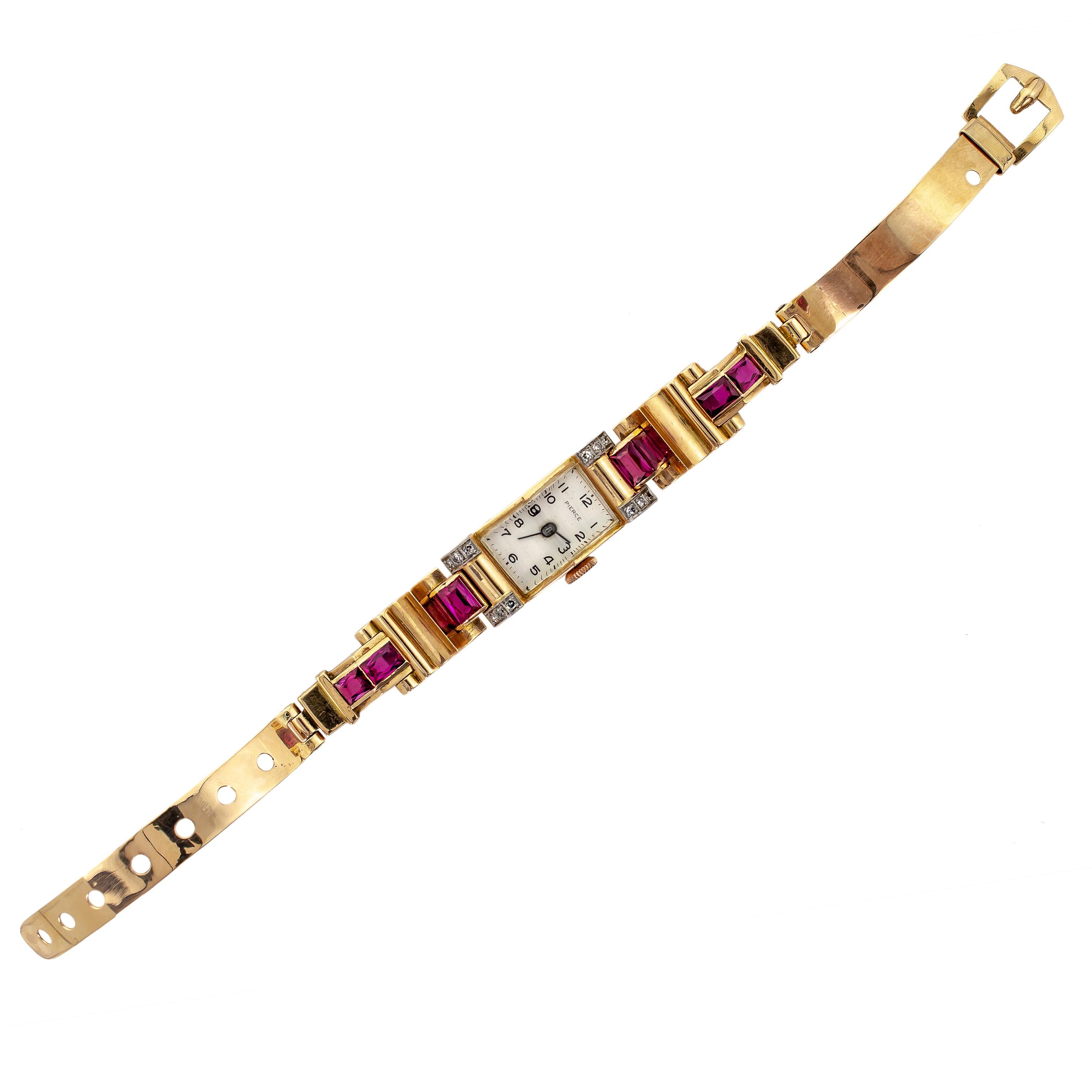 Dramatic Geometric Lady's Retro Circa 1940 diamond synthetic ruby rose and yellow gold lady's wristwatch - abstract geometric designed face white dial 