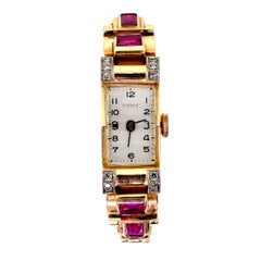 Retro Diamond Synthetic Ruby Rose and Yellow Gold Ladies Wristwatch, circa 1940