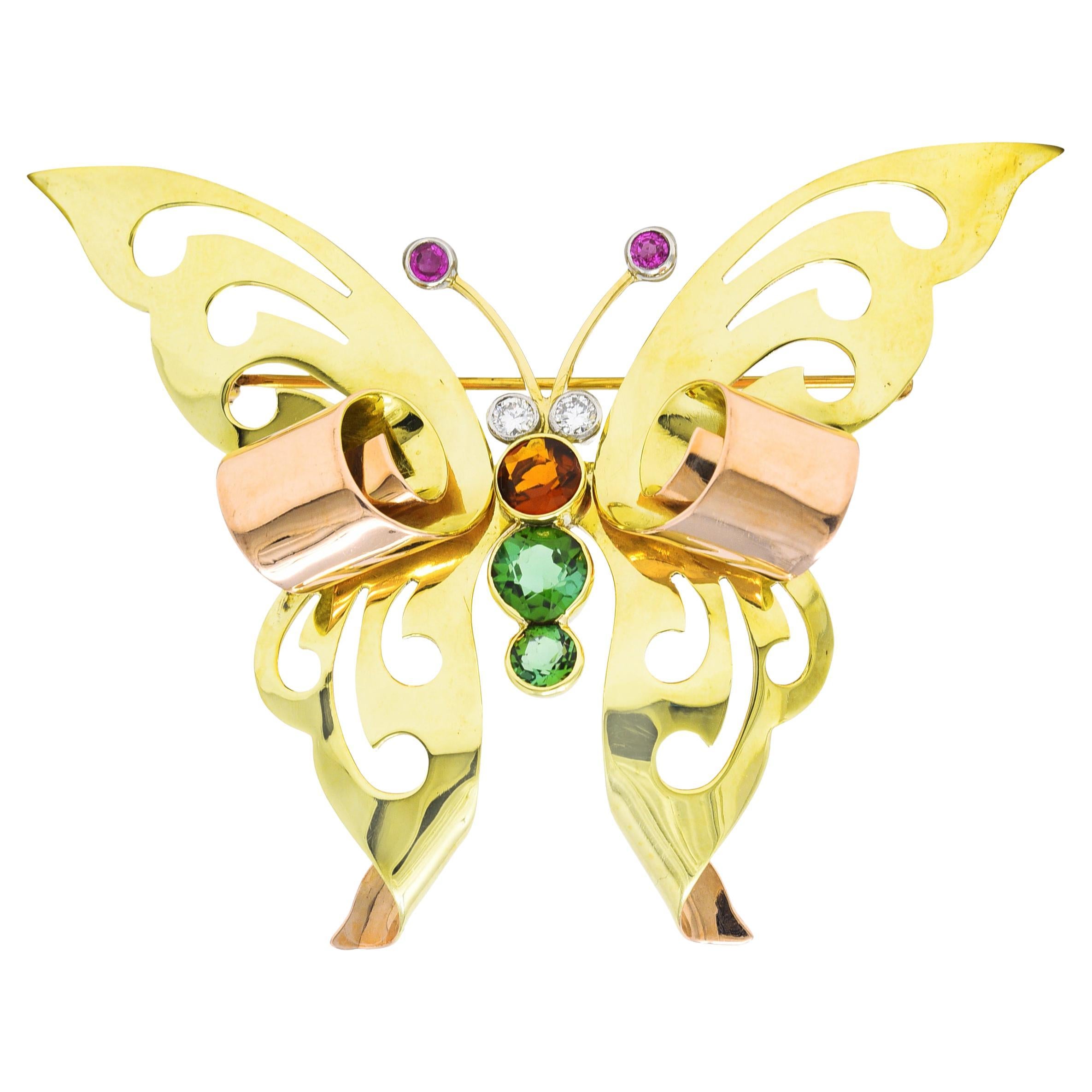 Retro Diamond Tourmaline Citrine Ruby Tri-Colored 14 Karat Gold Butterfly Brooch