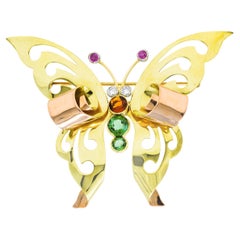Retro Diamond Tourmaline Citrine Ruby Tri-Colored 14 Karat Gold Butterfly Brooch