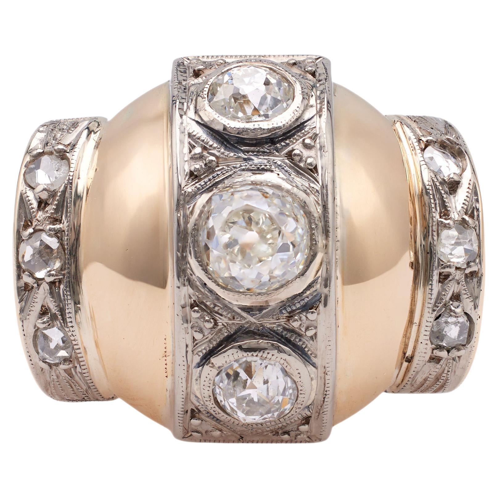 Retro Diamond Two Tone Dome Ring For Sale