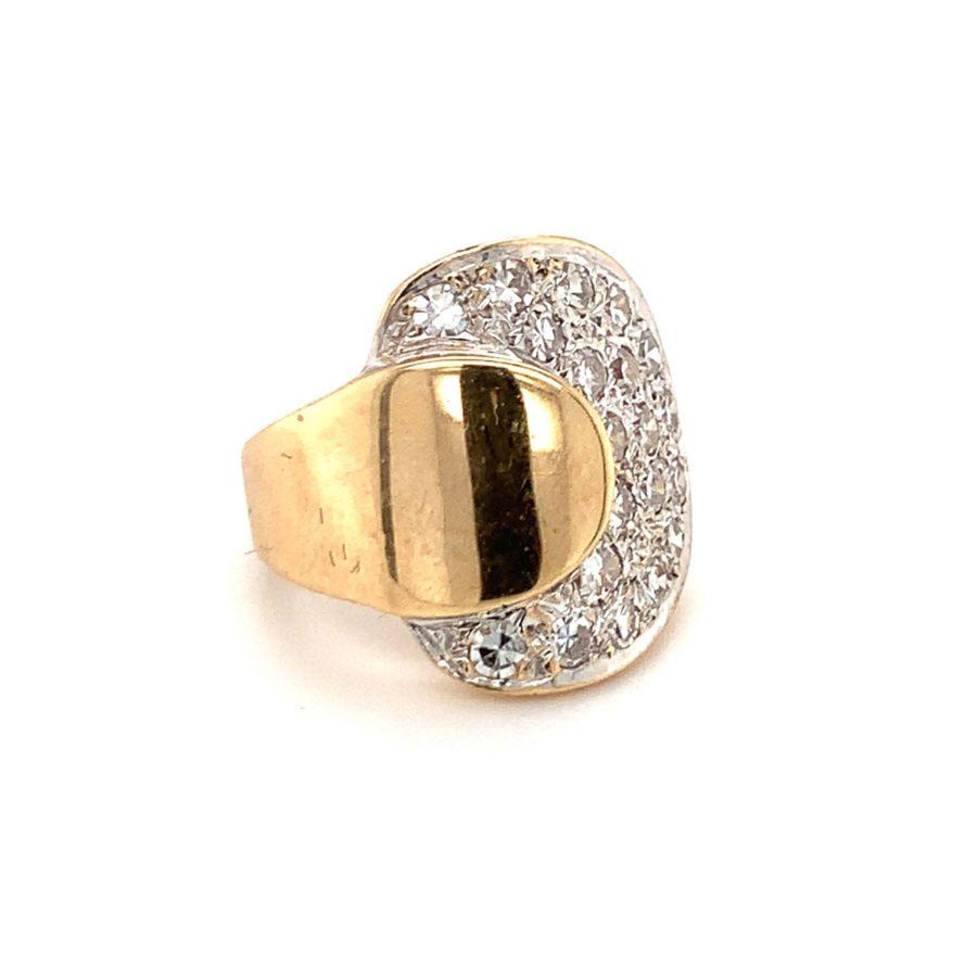 Retro diamond pave ring in two-tone 14k yellow and white gold featuring 20 round single cut diamonds totaling 1.60 ct. with H-I color and SI-1 clarity.

Chic, distinctive, stylish.

Additional information:
Metal: 14K yellow and white gold
Gemstone: