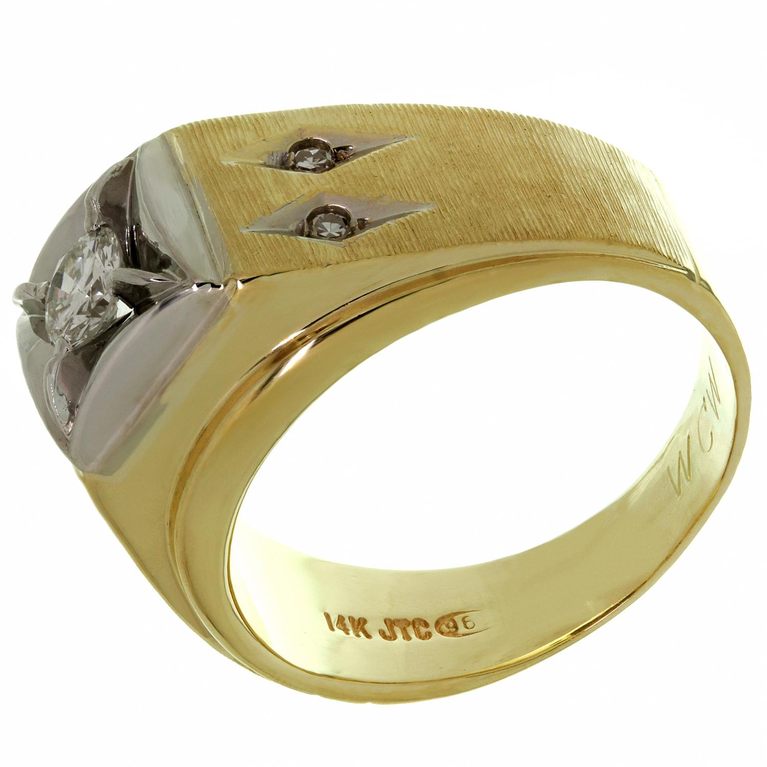 Taille brillant Bague pour homme en or blanc et jaune avec diamant rétro en vente