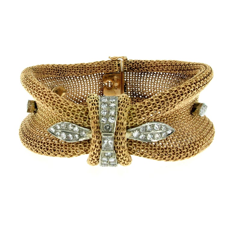 Retro Diamond Woven Gold Bracelet For Sale at 1stdibs