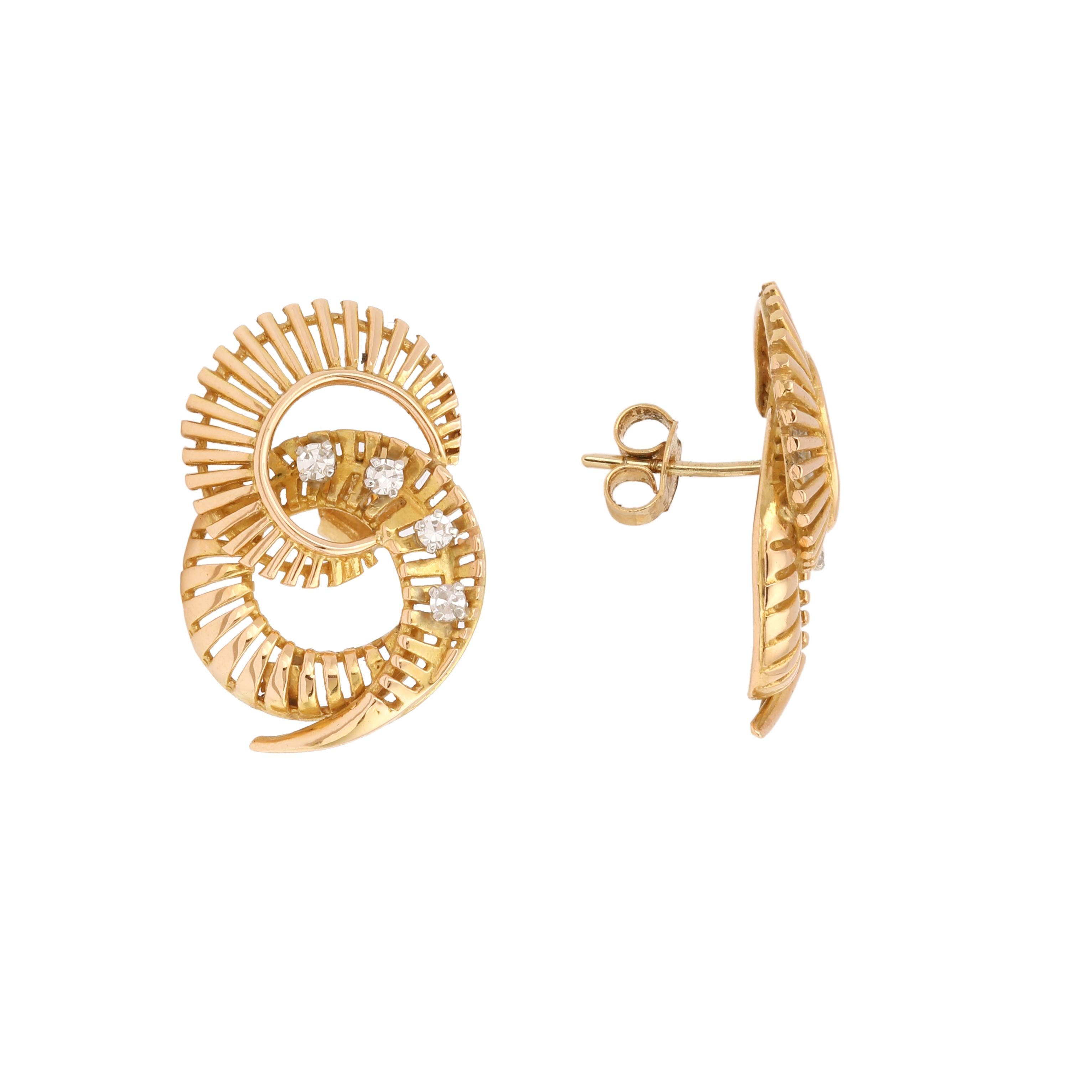 Women's Retro Diamonds 14 Carat Yellow Gold Whirlwind Earrings For Sale