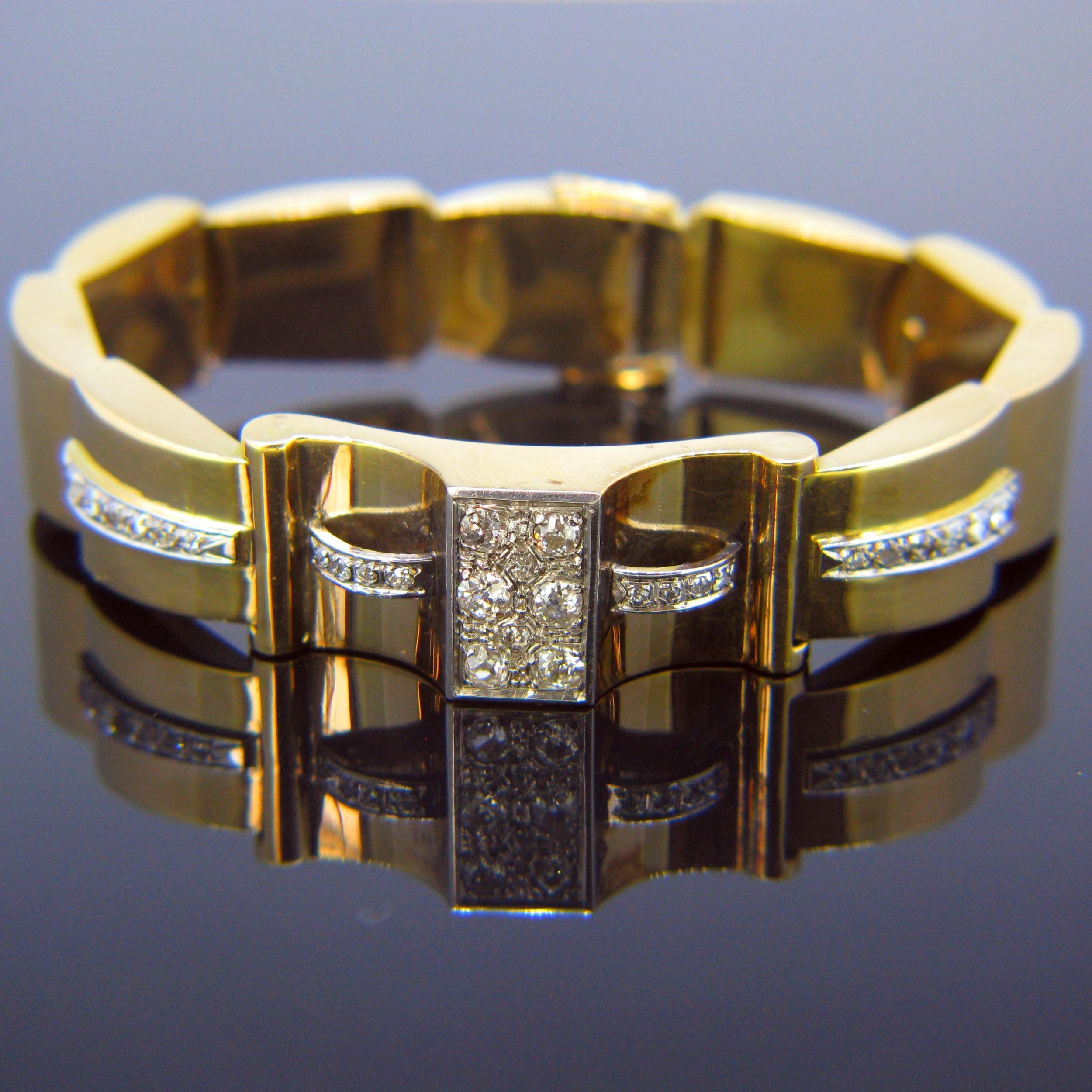 Weight:	50gr

Metal:		18kt yellow gold and platinum

Stones:	28 Diamonds
•	Cut:	Old Mince			
•	Total carat weight: 	1.20ct approximately	
•	Colour:	I/J
•	Clarity:	SI

Condition:	Good

Hallmarks:	French, eagle’s head

Comments:	This bracelet from the