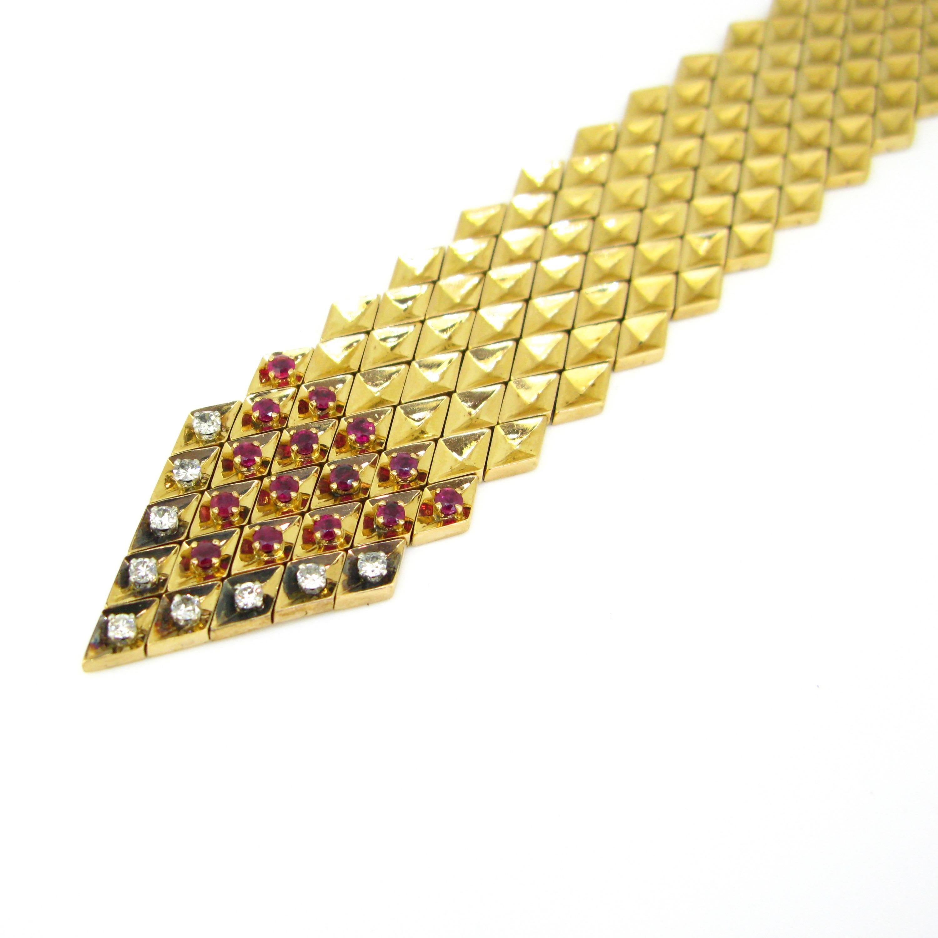 Women's or Men's Retro Ruby and Diamonds Yellow Gold Platinum Belt Large Bracelet