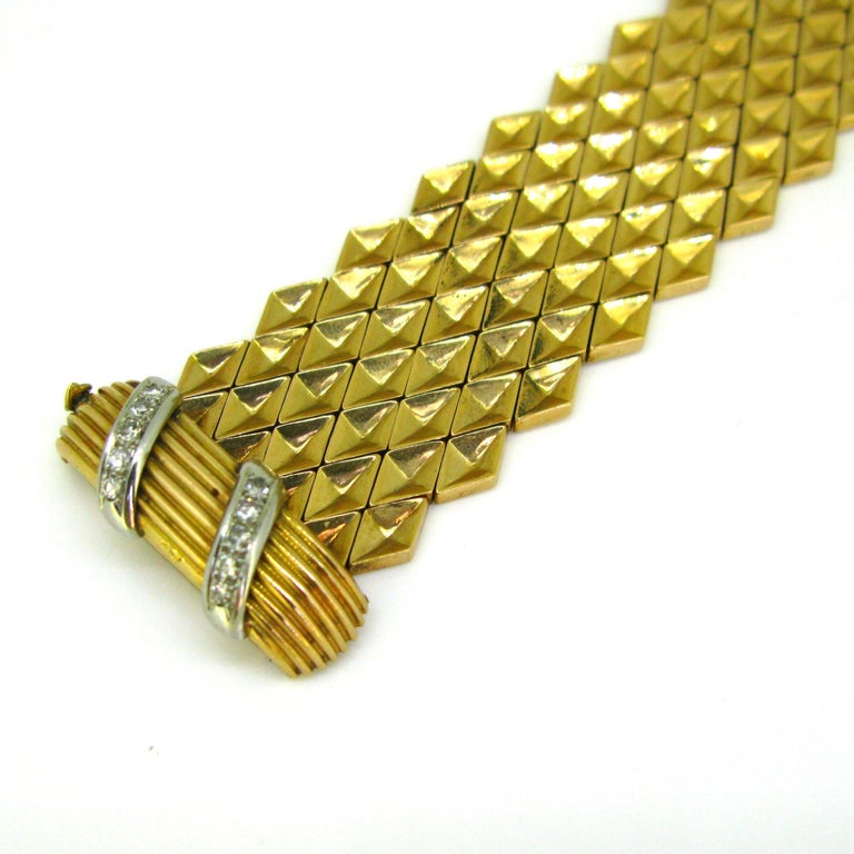 Retro Ruby and Diamonds Yellow Gold Platinum Belt Large Bracelet For Sale 2