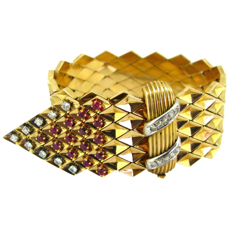 Retro Ruby and Diamonds Yellow Gold Platinum Belt Large Bracelet For Sale