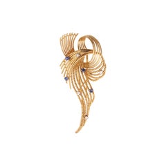 Retro Diamonds Sapphires 18 Carats Yellow Gold Brooch