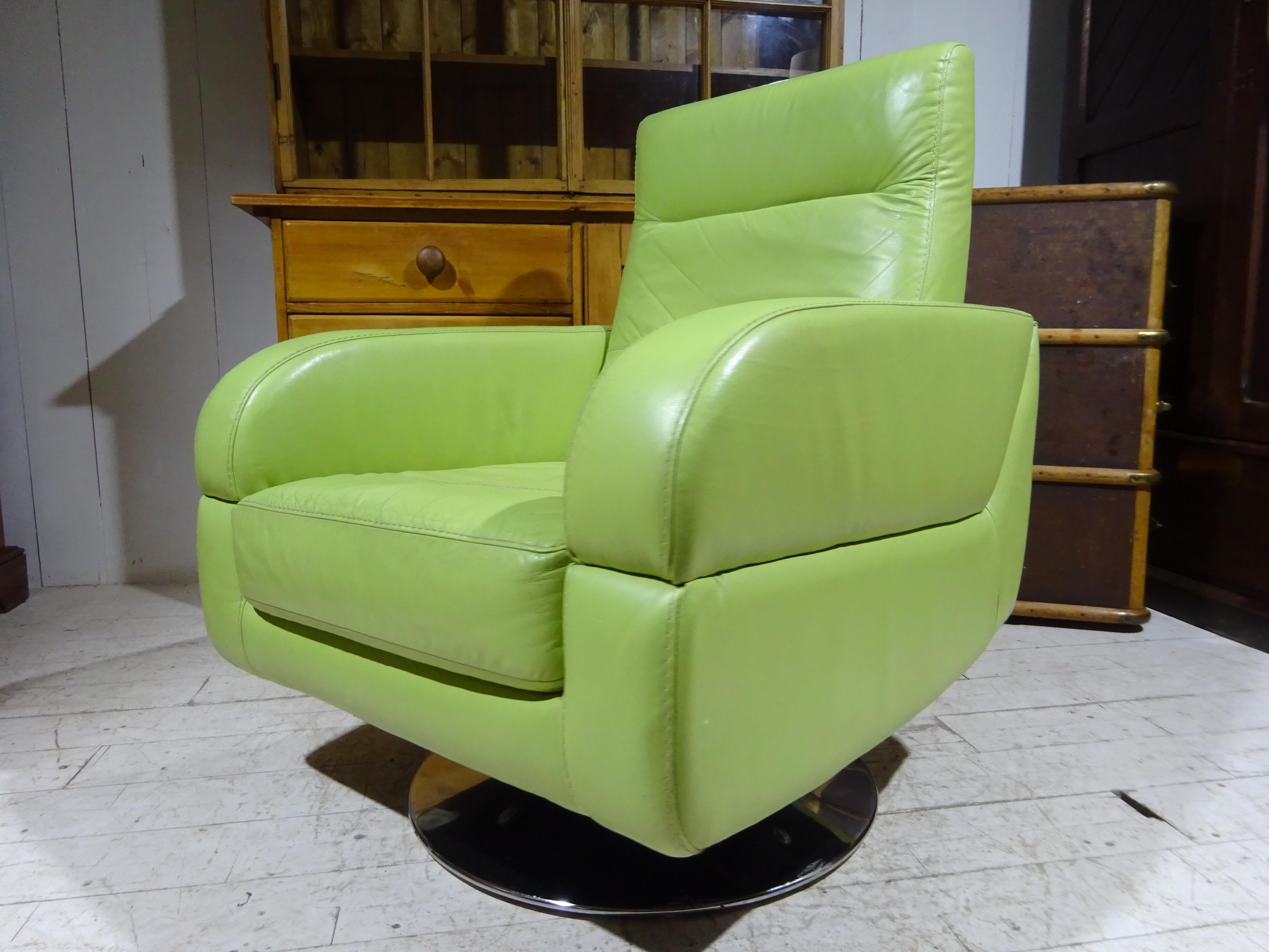 Retro Distressed Green Leather Swivel Chair at 1stDibs