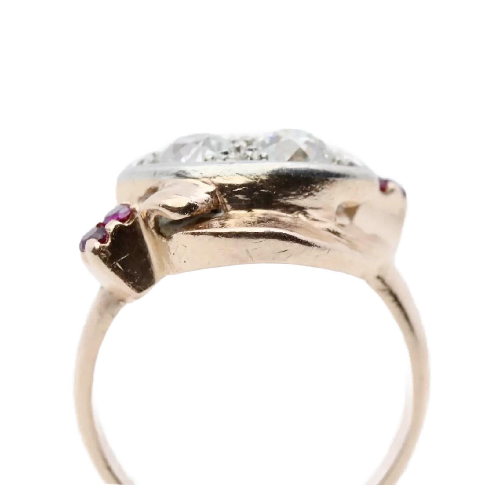 Taille vieille Europe Bague rétro double diamant, rubis en or rose et platine en vente