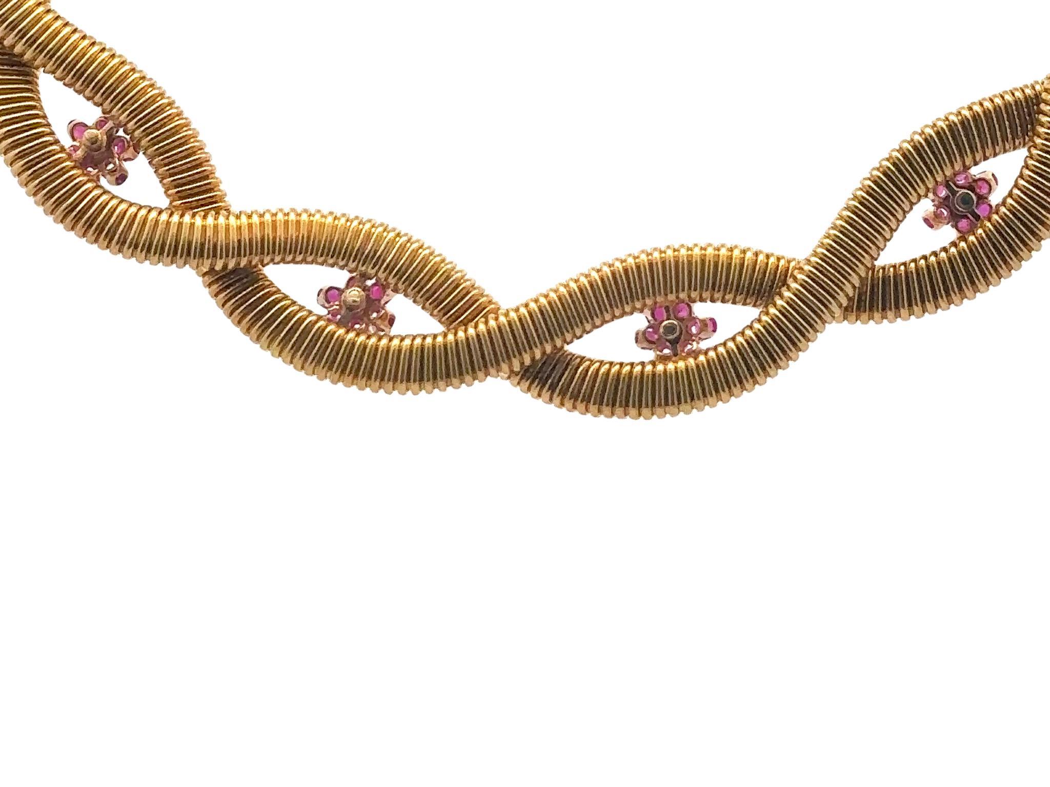 Round Cut Retro Double Tubogas Necklace with Diamonds and Rubies in 18 Karat Yellow Gold