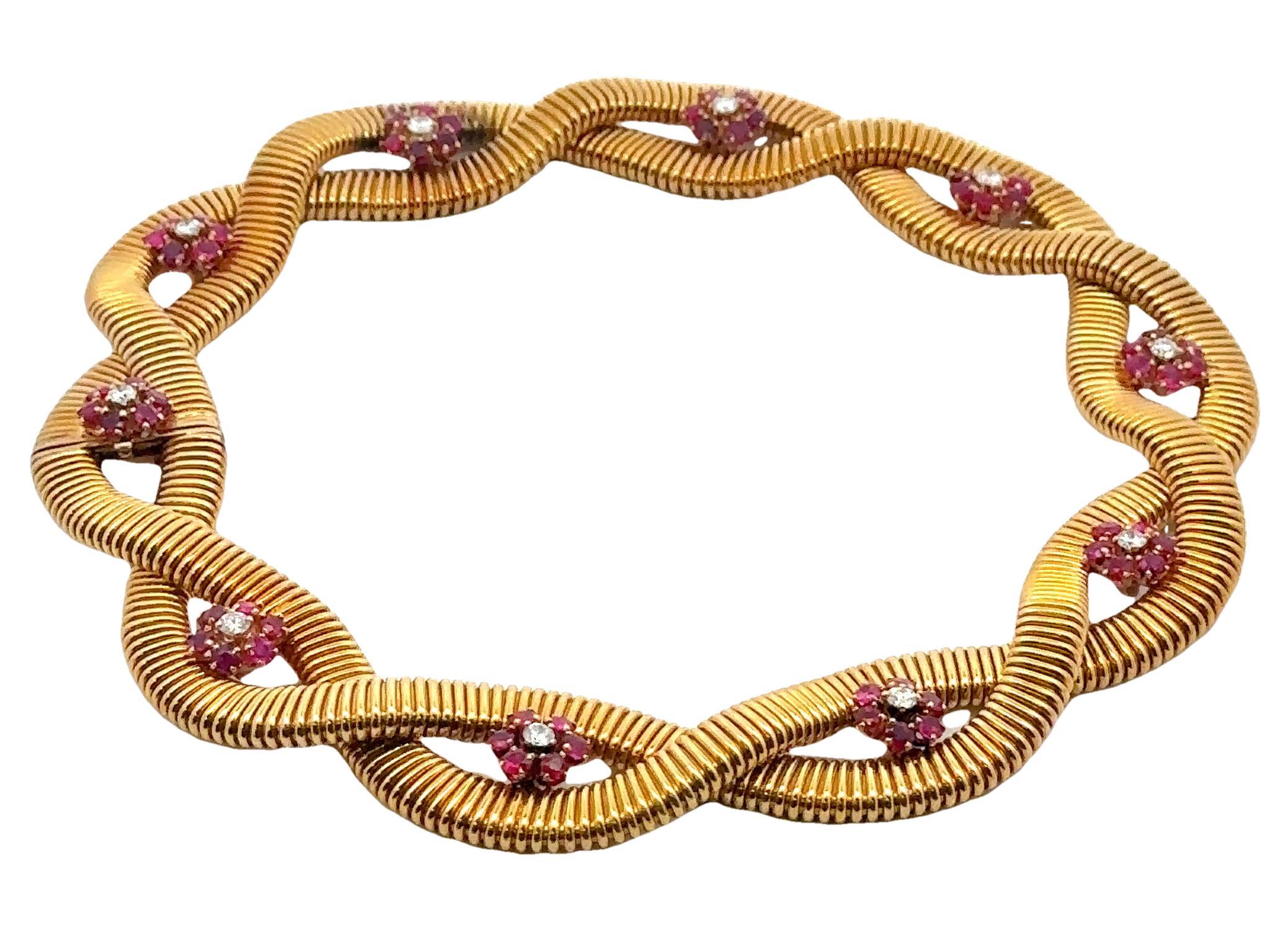 Retro Double Tubogas Necklace with Diamonds and Rubies in 18 Karat Yellow Gold In Excellent Condition In Fairfield, CT
