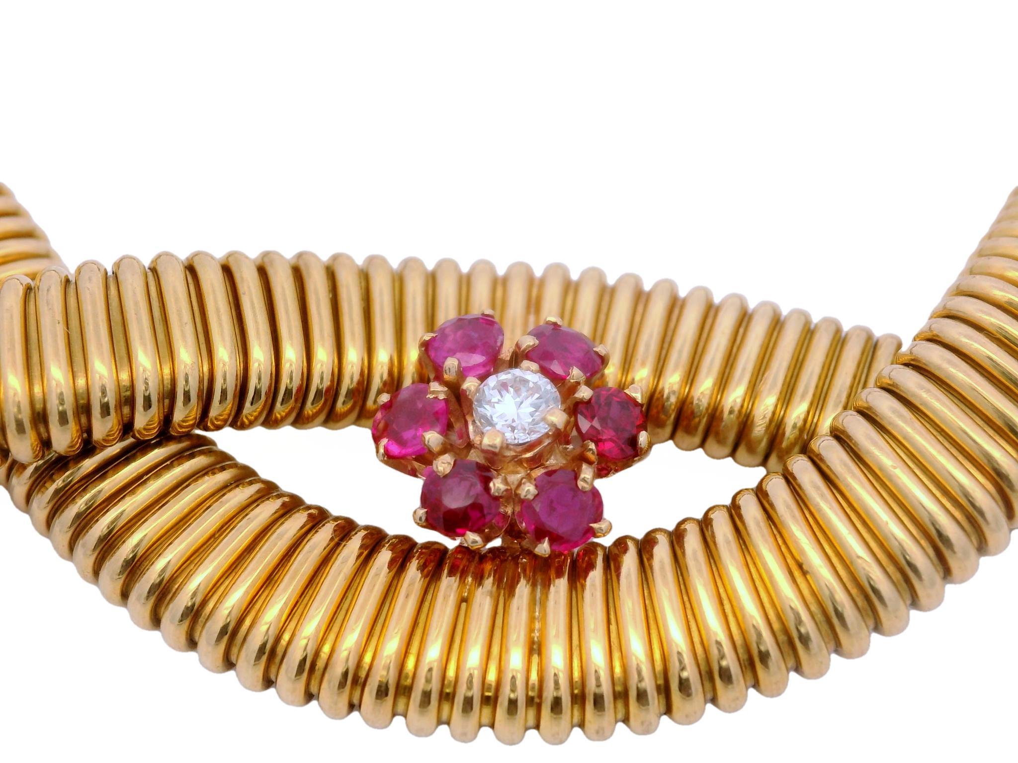 Women's Retro Double Tubogas Necklace with Diamonds and Rubies in 18 Karat Yellow Gold