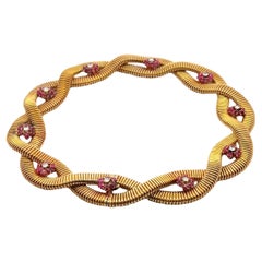Retro Double Tubogas Necklace with Diamonds and Rubies in 18 Karat Yellow Gold