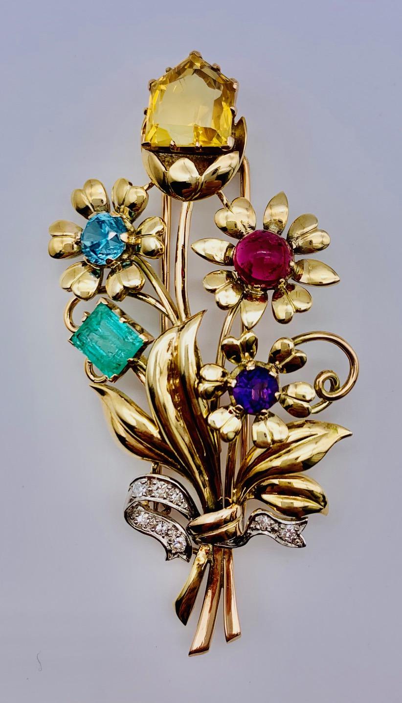 Clips de robe rétro fleurs en or, émeraude, tourmaline, améthyste, citrine et diamant en vente 2