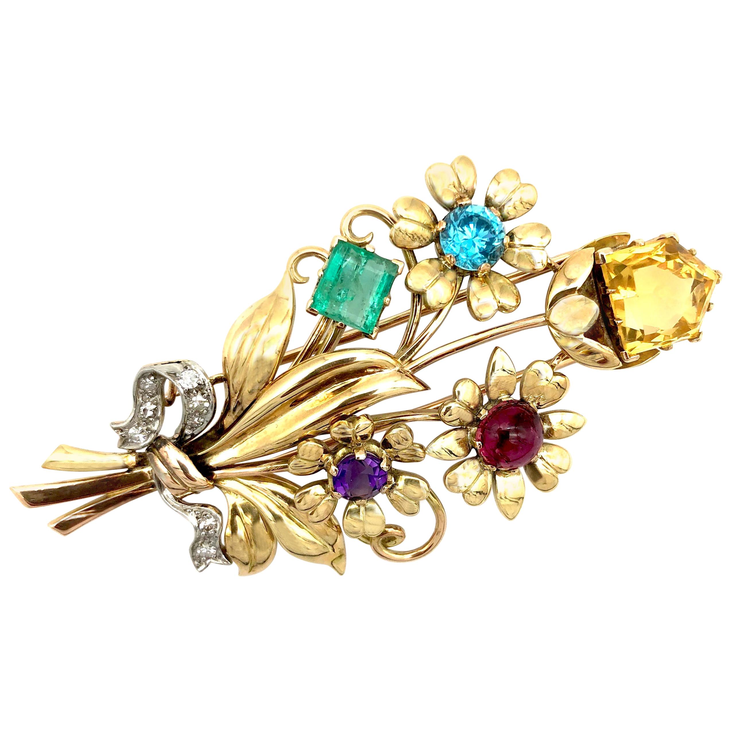 Clips de robe rétro fleurs en or, émeraude, tourmaline, améthyste, citrine et diamant en vente