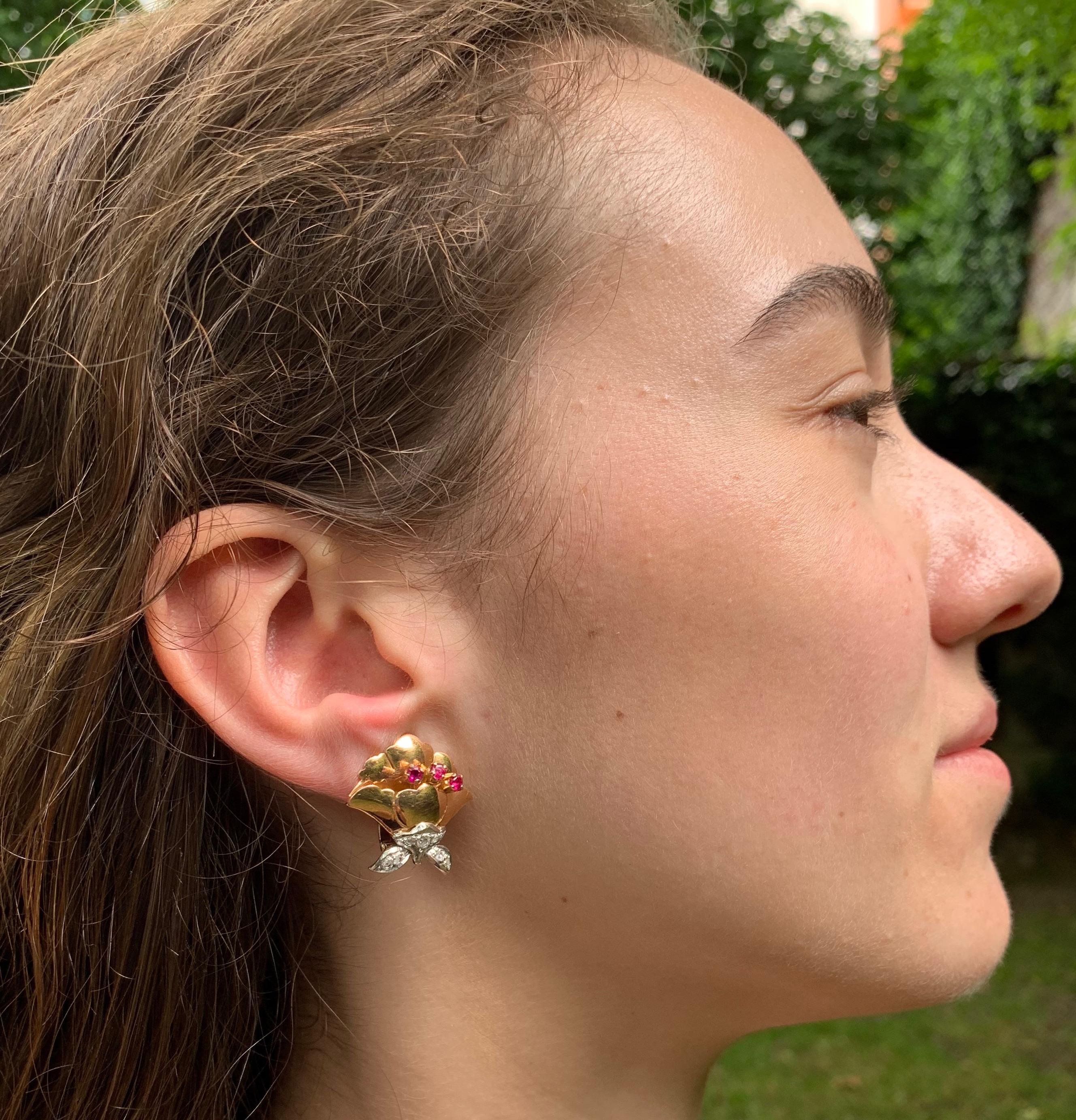  Art Deco Ruby Diamond A.B.Davis 14k Gold Earclips Clip-On Earrings Dressclips In Good Condition For Sale In Munich, Bavaria