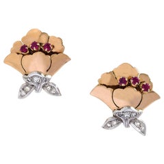  Art Deco Ruby Diamond A.B.Davis 14k Gold Earclips Clip-On Earrings Dressclips