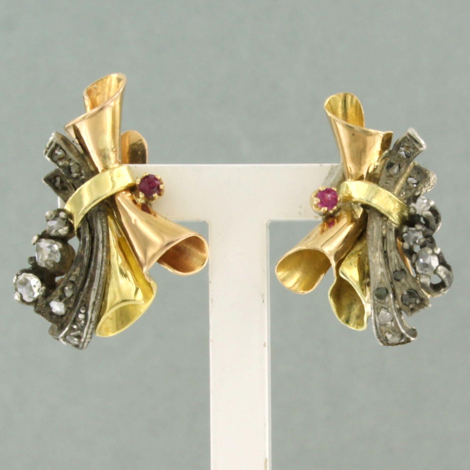 Orecchini retrò con rubino e diamanti rosa in oro e argento 14k in vendita 1
