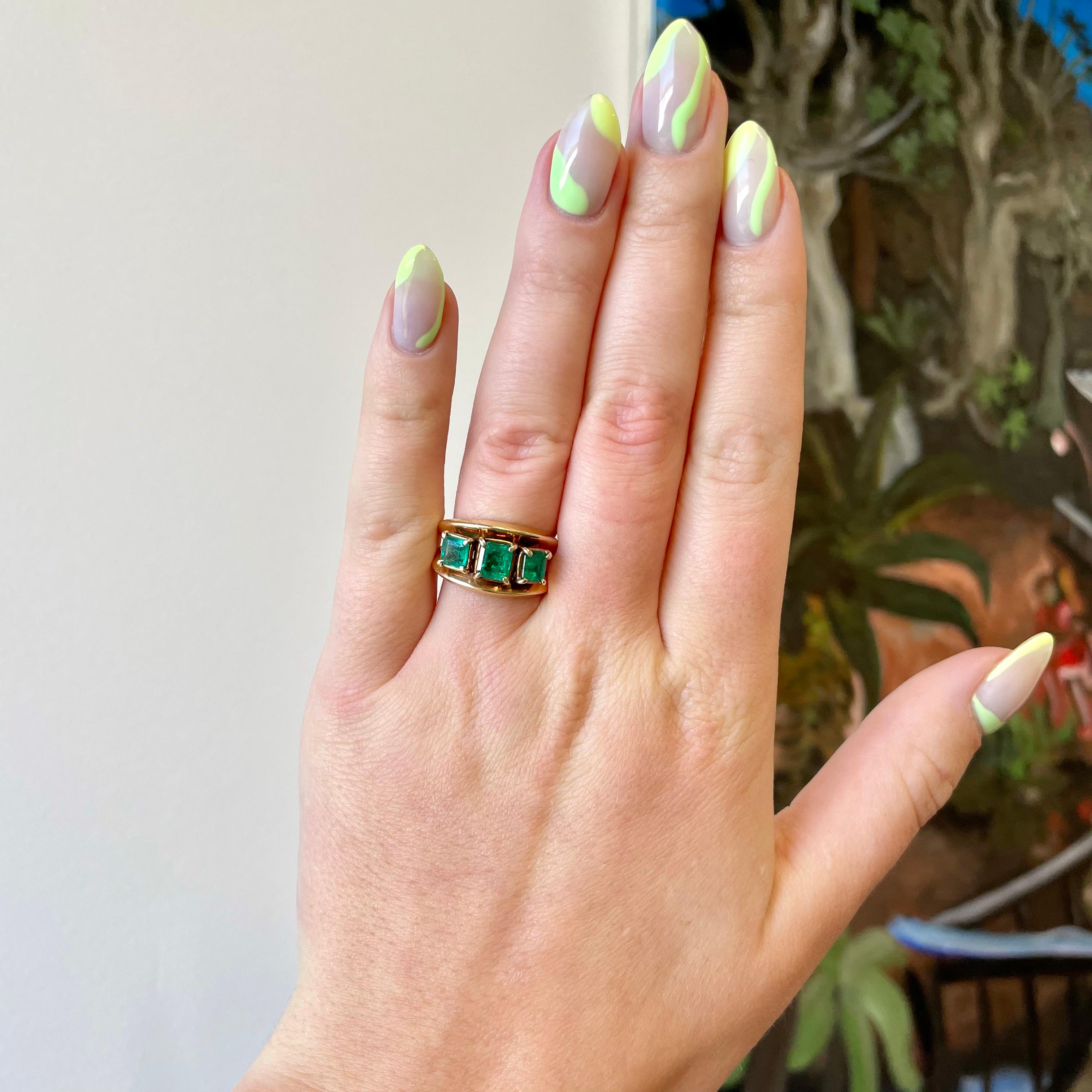 Are you looking for a ring with character? Consider this striking Retro Emerald 14k Gold Three Stone Ring. These emeralds are a vivid green color and (what's rare for emeralds) are really clean and transparent; very good crystal.  Feel yourself like