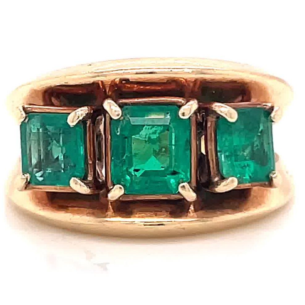Square Cut Retro Emerald 14 Karat Gold Three Stone Ring