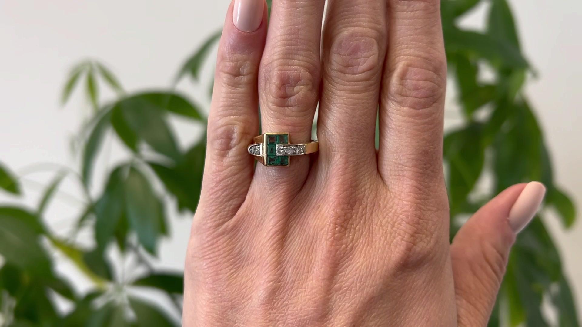Square Cut Retro Emerald and Diamond 14k Yellow Gold Platinum Tank Ring