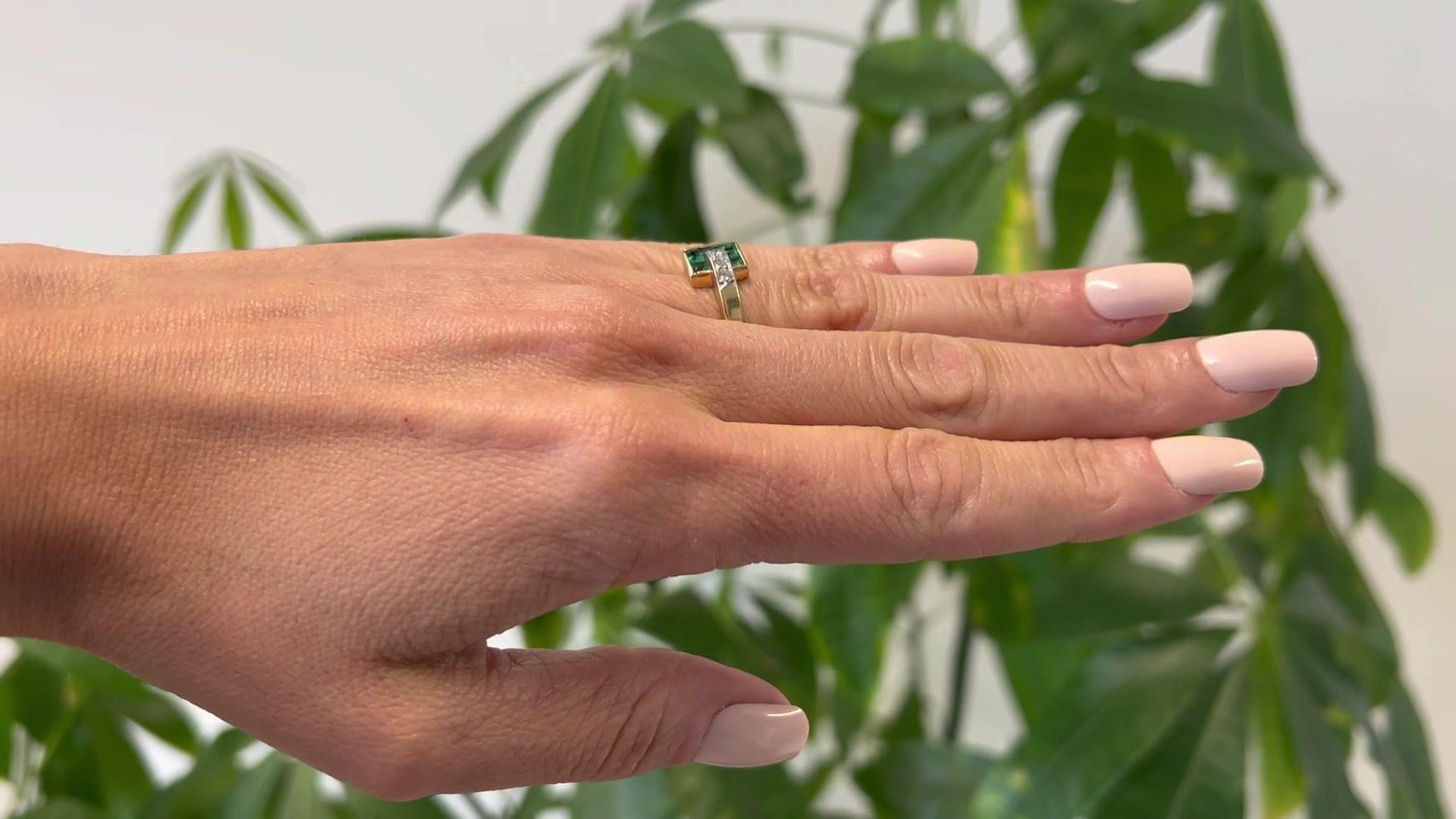 Retro Emerald and Diamond 14k Yellow Gold Platinum Tank Ring In Good Condition In Beverly Hills, CA