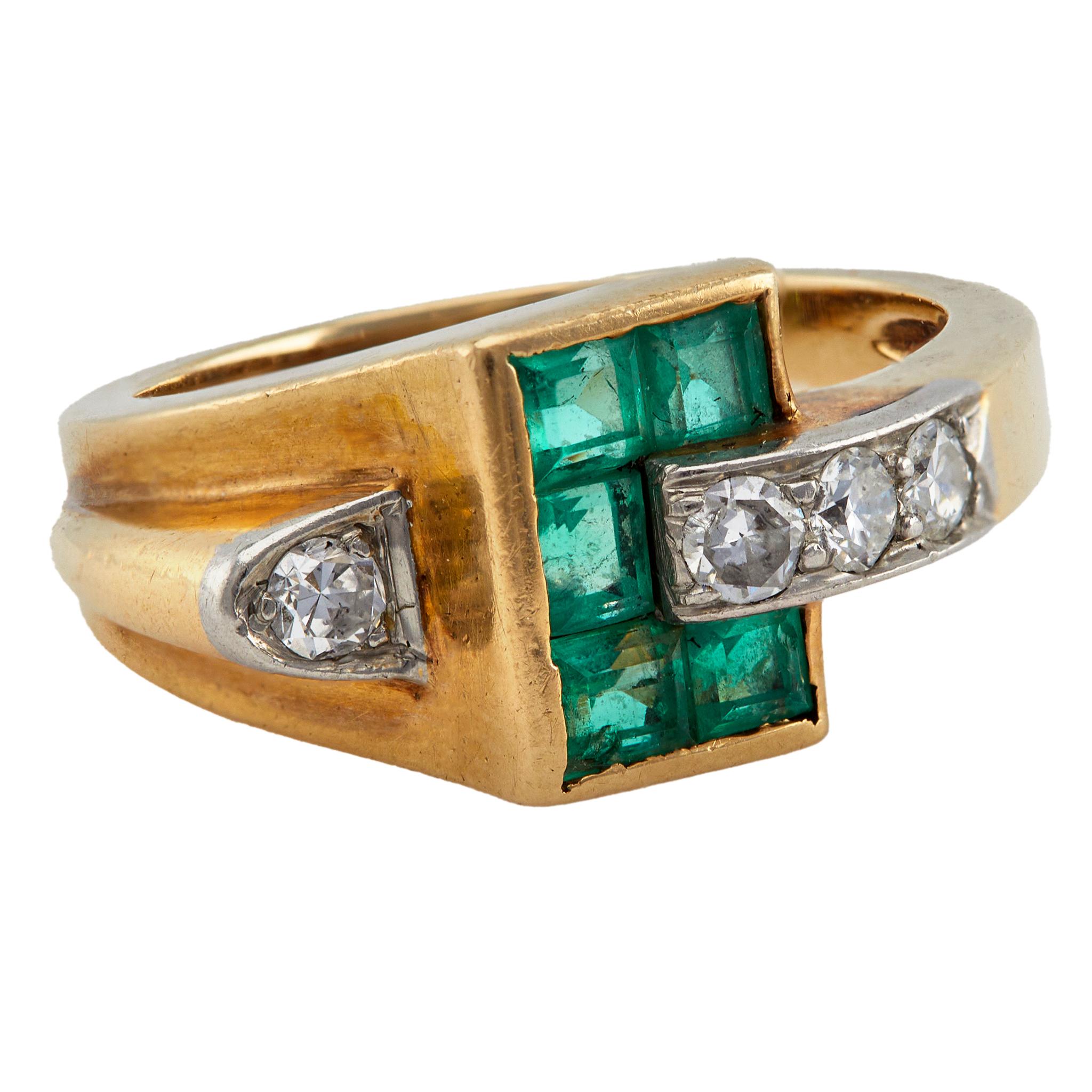 Women's or Men's Retro Emerald and Diamond 14k Yellow Gold Platinum Tank Ring