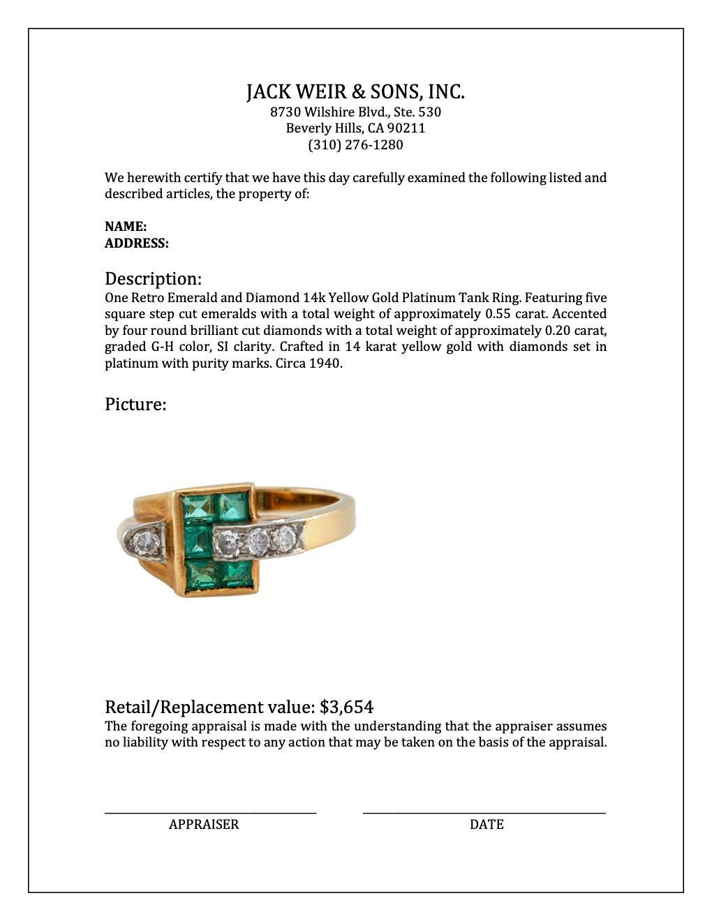 Retro Emerald and Diamond 14k Yellow Gold Platinum Tank Ring 1