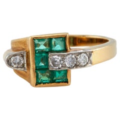 Retro Emerald and Diamond 14k Yellow Gold Platinum Tank Ring