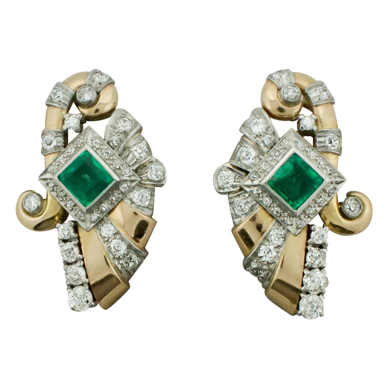 Retro Retro-Smaragd- und Diamantohrringe aus 18 Karat und Platin, ca. 1940er Jahre