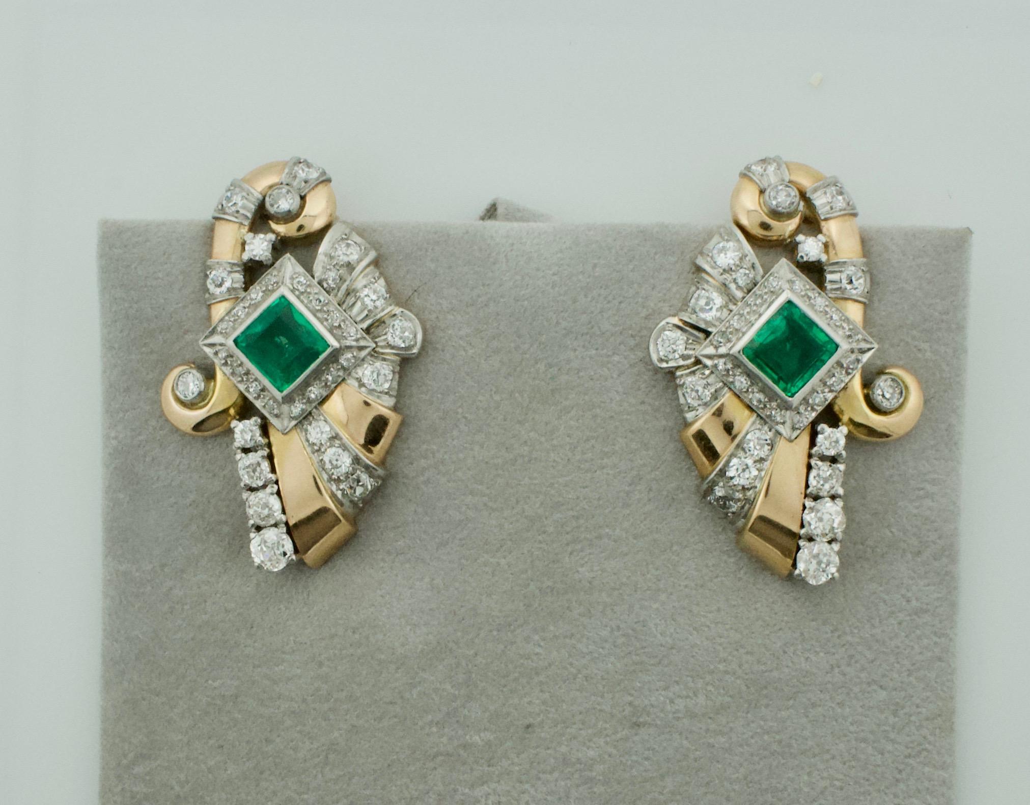 Retro Emerald and Diamond Earrings in 18k and Platinum c. 1940's
Two Square Cut Diamonds weighing 3.00 carats approximately [Slightly Included Very Bright Material]
Sixty Six Old Mine and Old European Cut Diamonds weighing 3.65 carats approximately
