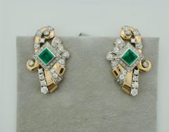 Retro Emerald and Diamond Earrings in 18 Karat and Platinum, circa 1940s