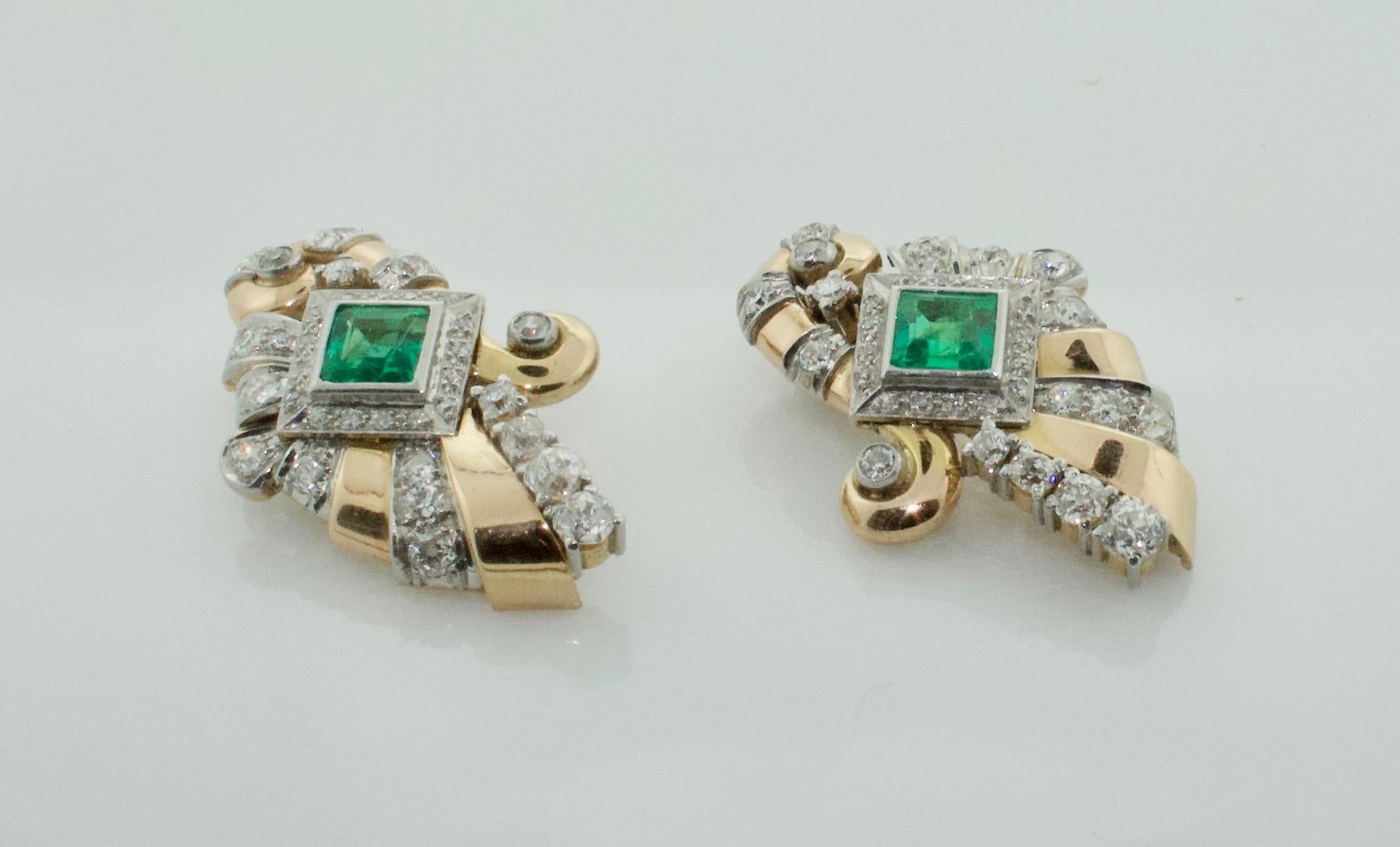 Retro Emerald and Diamond Earrings in 18 Karat and Platinum, circa 1940s In Excellent Condition For Sale In Wailea, HI