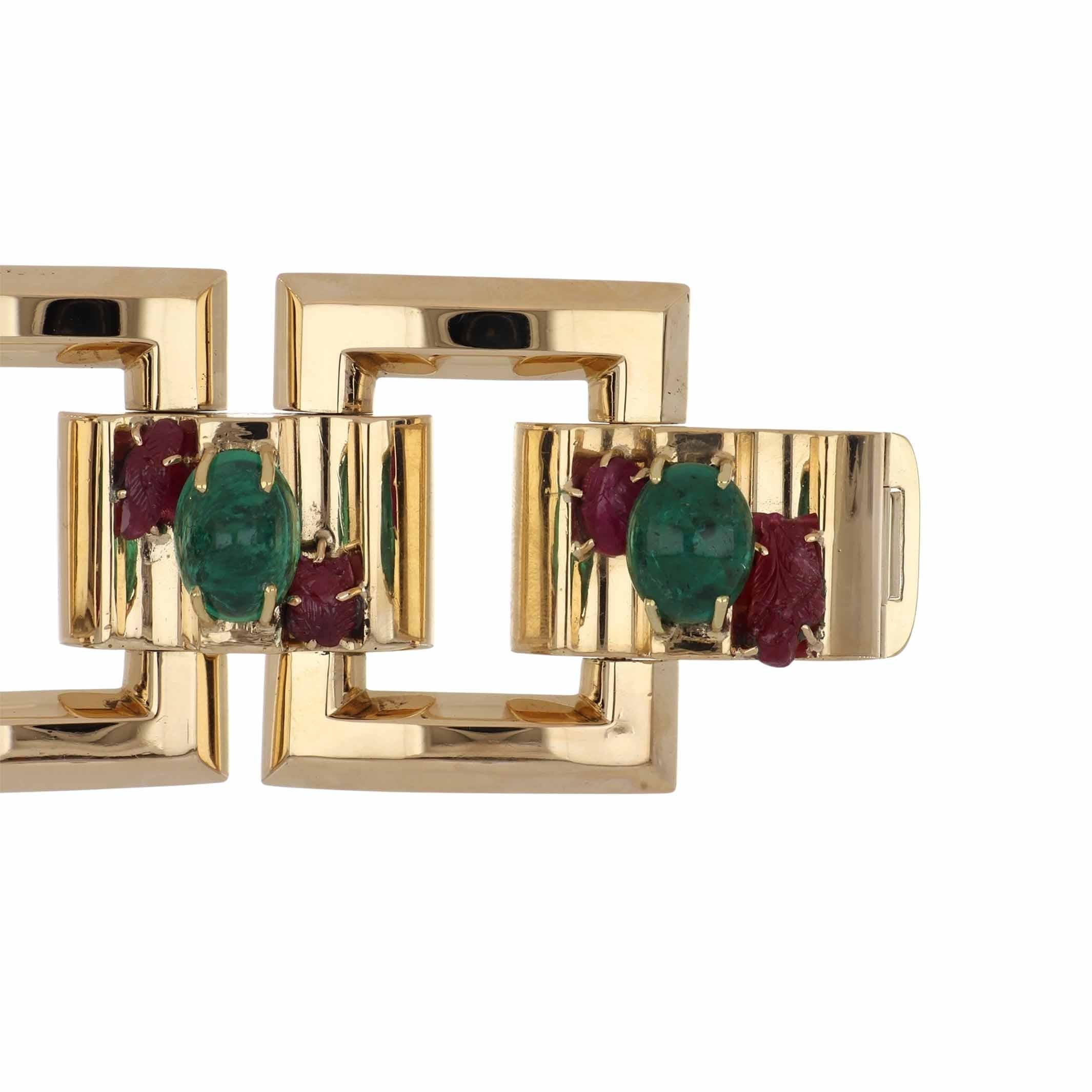 Oval Cut Retro Emerald and Ruby 14K Gold Square Large Link Bracelet For Sale