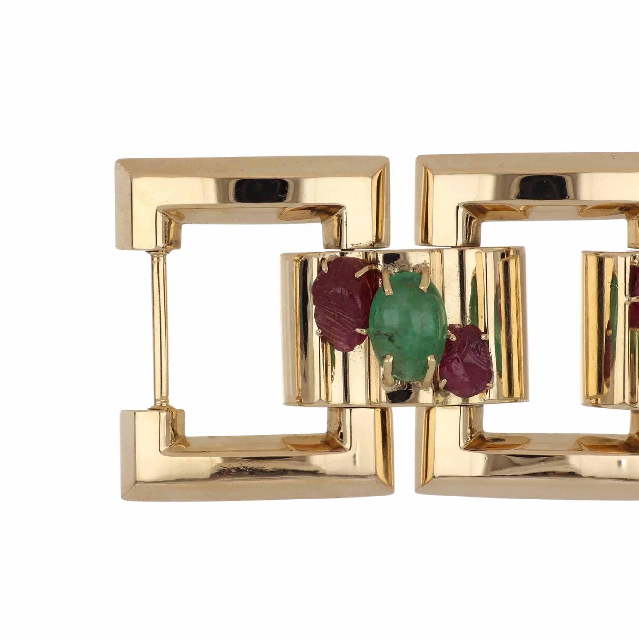 Retro Emerald and Ruby 14K Gold Square Large Link Bracelet In Good Condition For Sale In Houston, TX