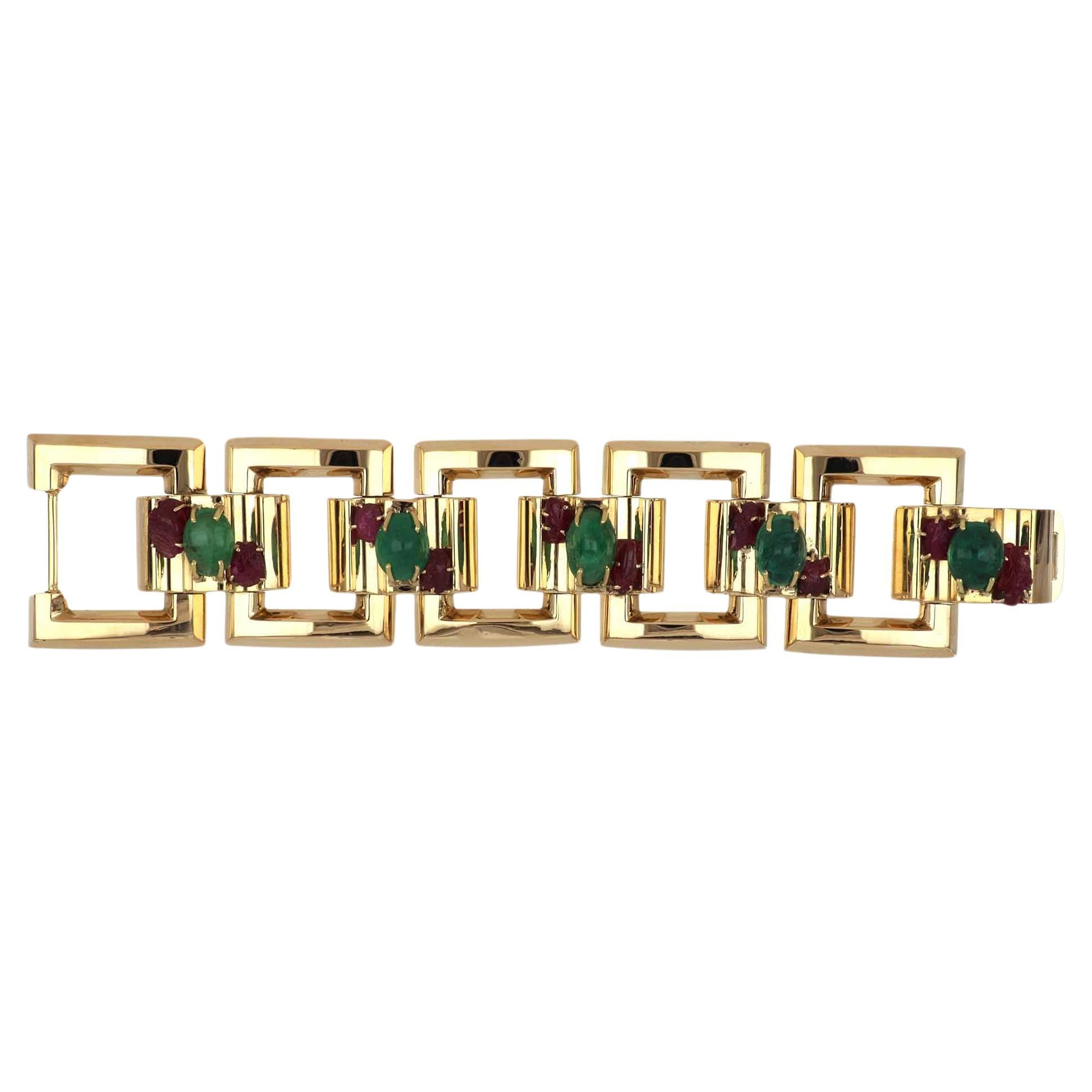 Retro Emerald and Ruby 14K Gold Square Large Link Bracelet