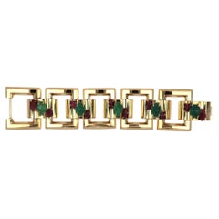 Retro Bracelet à larges maillons carrés en or 14K avec émeraudes et rubis