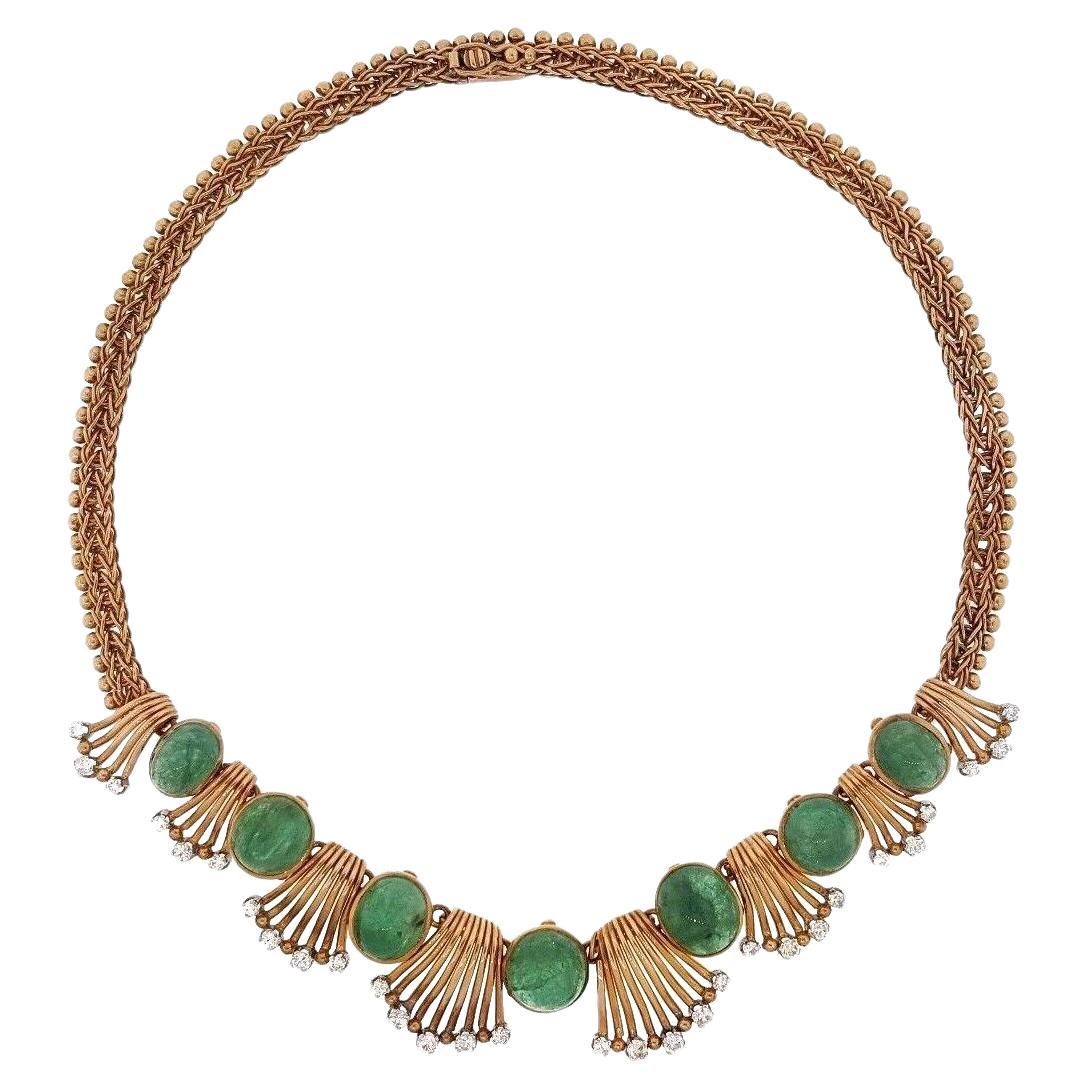 Retro Emerald Cabochon and Diamond Necklace in 18K Rose Gold For Sale